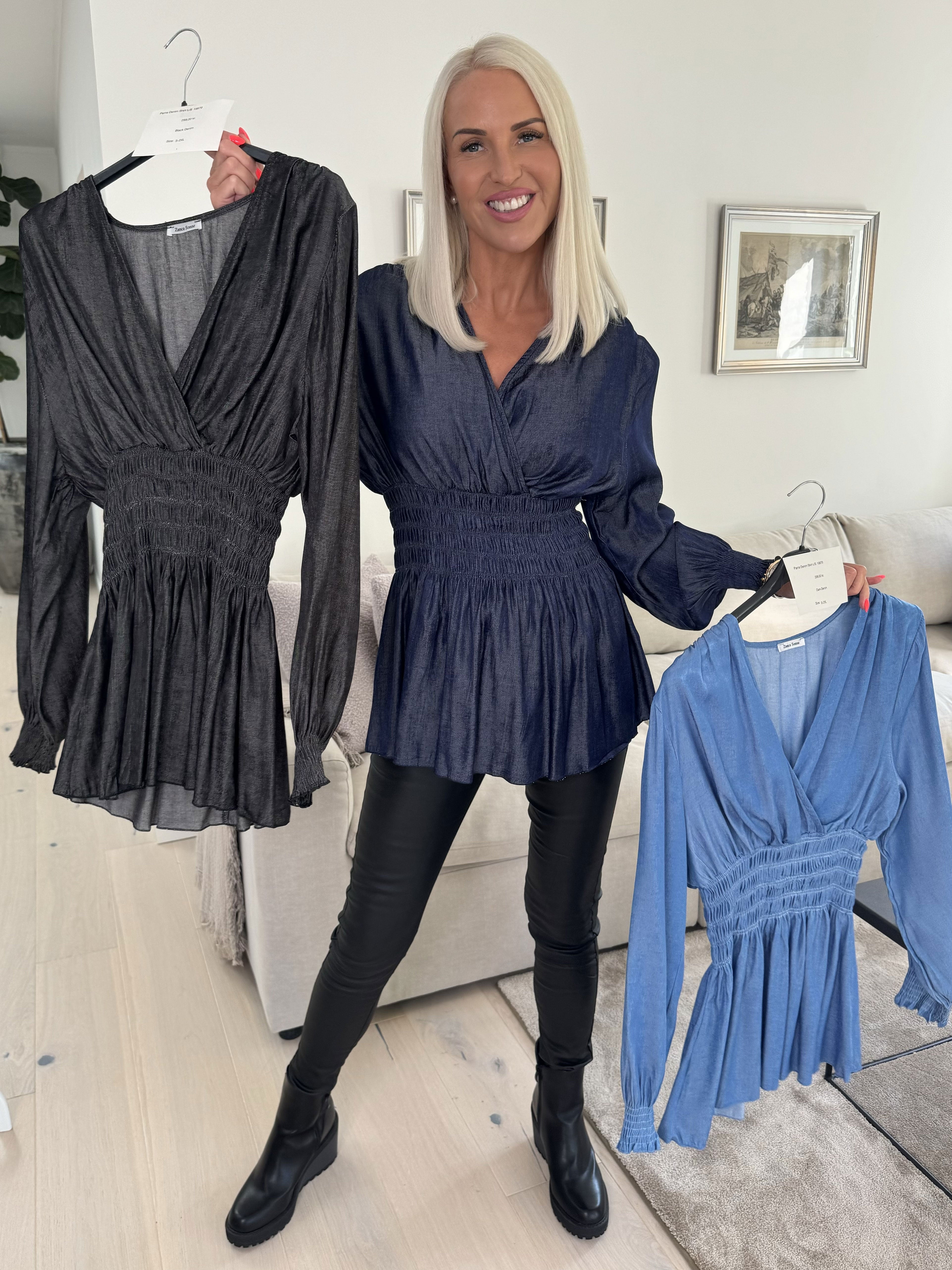 Pams Denim Shirt L/S - Elastisk bluse med lange ærmer